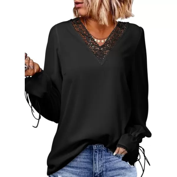 Dokotoo Womens Long Sleeve Tops Lace Trim V Neck Fashion Tunic Tops Flowy Casual Shirts Chiffon Blouses 2023 Fall Clothes