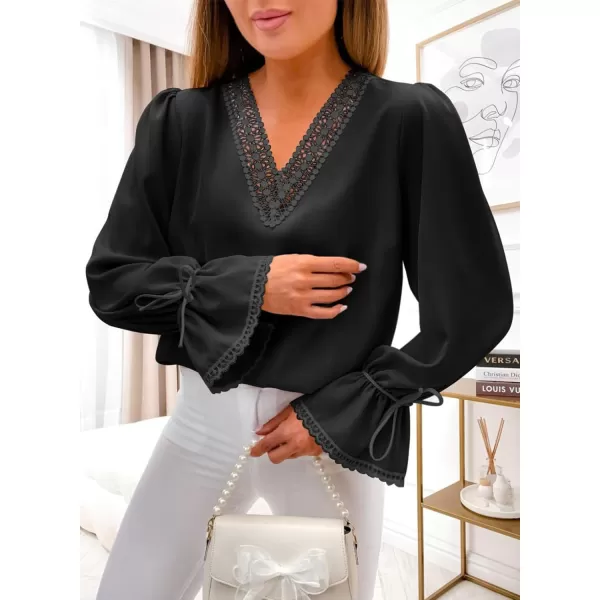 Dokotoo Womens Long Sleeve Tops Lace Trim V Neck Fashion Tunic Tops Flowy Casual Shirts Chiffon Blouses 2023 Fall Clothes