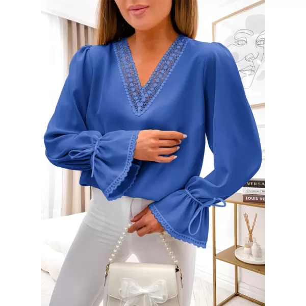 Dokotoo Womens Long Sleeve Tops Lace Trim V Neck Fashion Tunic Tops Flowy Casual Shirts Chiffon Blouses 2023 Fall Clothes