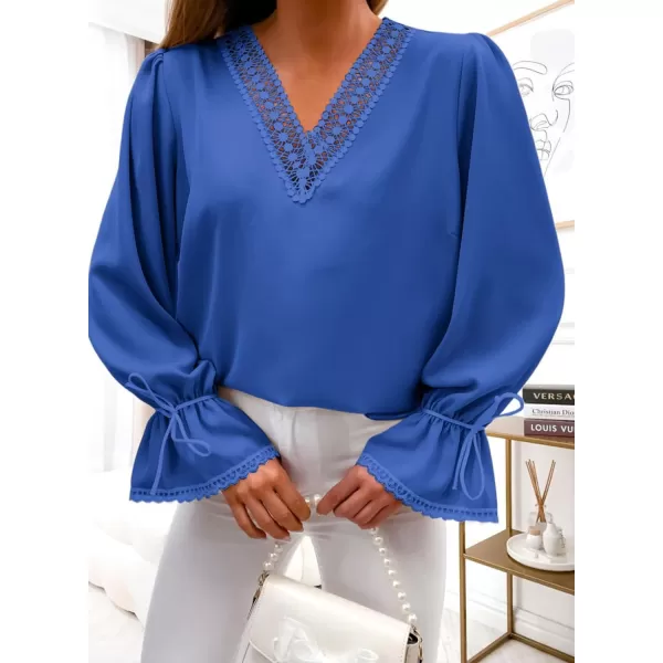 Dokotoo Womens Long Sleeve Tops Lace Trim V Neck Fashion Tunic Tops Flowy Casual Shirts Chiffon Blouses 2023 Fall Clothes