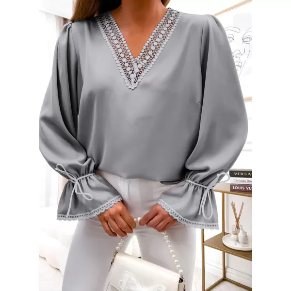 Dokotoo Womens Long Sleeve Tops Lace Trim V Neck Fashion Tunic Tops Flowy Casual Shirts Chiffon Blouses 2023 Fall Clothes