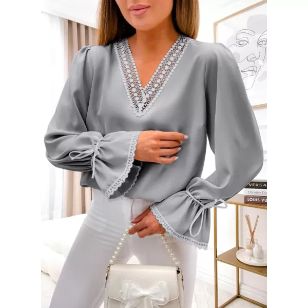 Dokotoo Womens Long Sleeve Tops Lace Trim V Neck Fashion Tunic Tops Flowy Casual Shirts Chiffon Blouses 2023 Fall Clothes