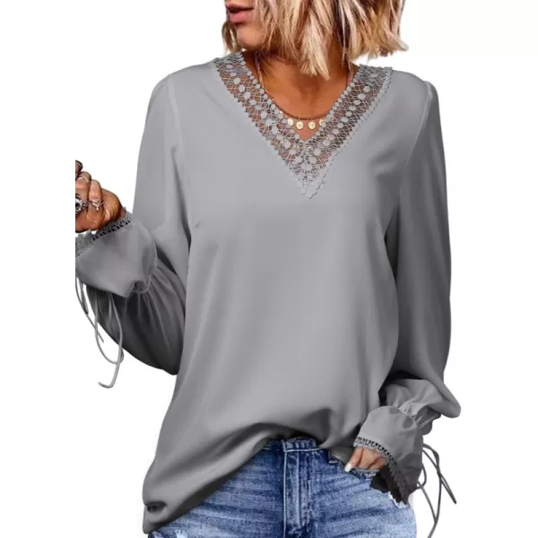 Dokotoo Womens Long Sleeve Tops Lace Trim V Neck Fashion Tunic Tops Flowy Casual Shirts Chiffon Blouses 2023 Fall Clothes