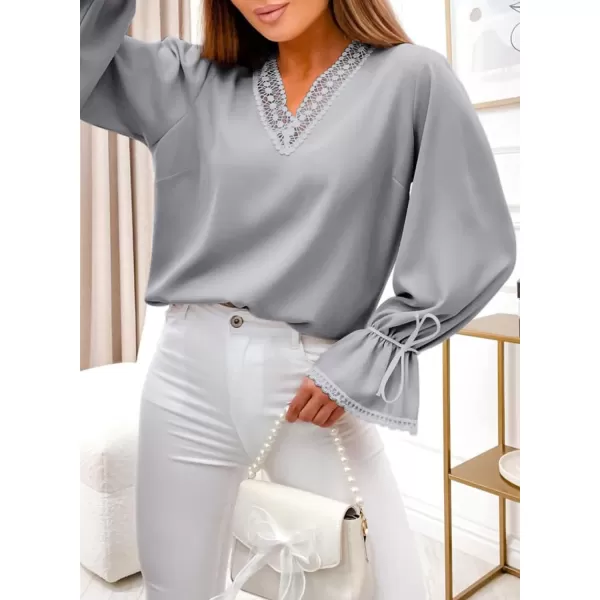 Dokotoo Womens Long Sleeve Tops Lace Trim V Neck Fashion Tunic Tops Flowy Casual Shirts Chiffon Blouses 2023 Fall Clothes