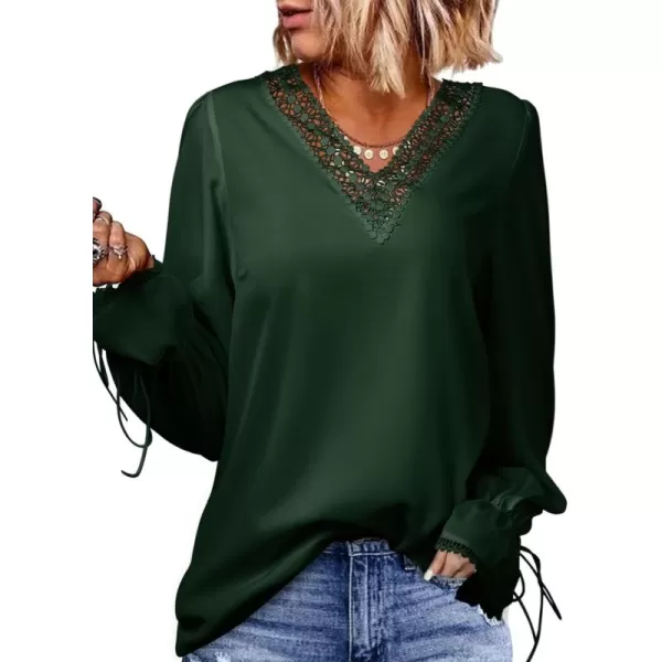 Dokotoo Womens Long Sleeve Tops Lace Trim V Neck Fashion Tunic Tops Flowy Casual Shirts Chiffon Blouses 2023 Fall Clothes