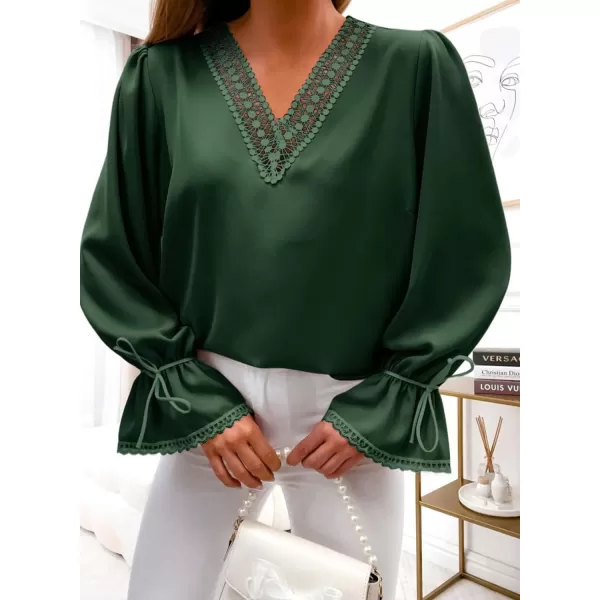Dokotoo Womens Long Sleeve Tops Lace Trim V Neck Fashion Tunic Tops Flowy Casual Shirts Chiffon Blouses 2023 Fall Clothes