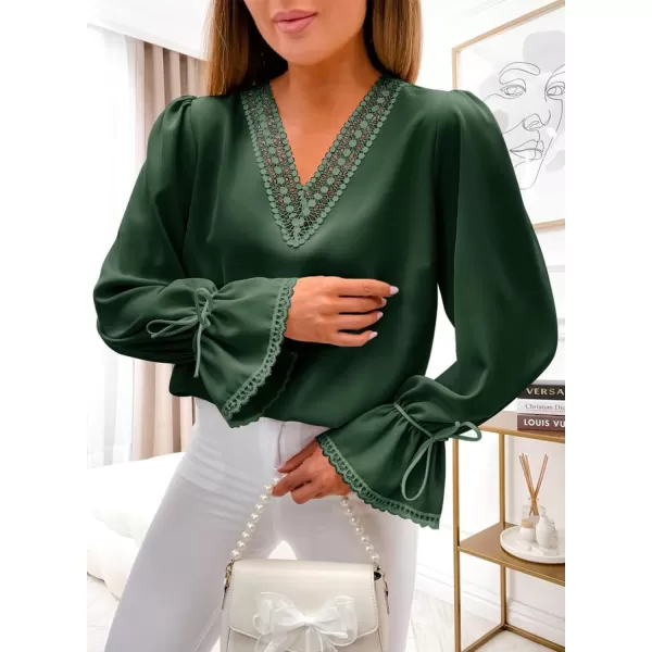 Dokotoo Womens Long Sleeve Tops Lace Trim V Neck Fashion Tunic Tops Flowy Casual Shirts Chiffon Blouses 2023 Fall Clothes