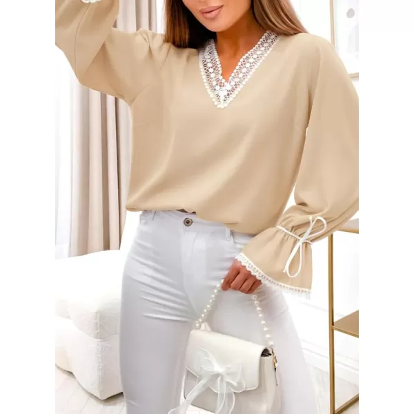 Dokotoo Womens Long Sleeve Tops Lace Trim V Neck Fashion Tunic Tops Flowy Casual Shirts Chiffon Blouses 2023 Fall Clothes