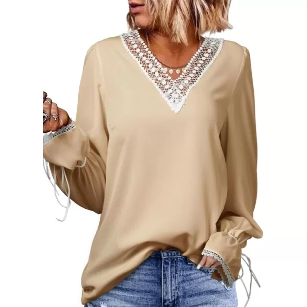 Dokotoo Womens Long Sleeve Tops Lace Trim V Neck Fashion Tunic Tops Flowy Casual Shirts Chiffon Blouses 2023 Fall Clothes