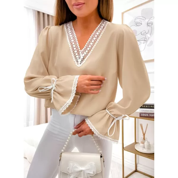 Dokotoo Womens Long Sleeve Tops Lace Trim V Neck Fashion Tunic Tops Flowy Casual Shirts Chiffon Blouses 2023 Fall Clothes