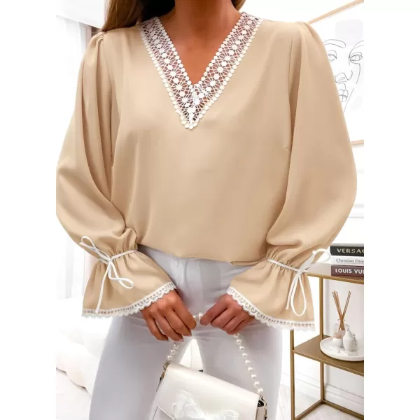 Dokotoo Womens Long Sleeve Tops Lace Trim V Neck Fashion Tunic Tops Flowy Casual Shirts Chiffon Blouses 2023 Fall Clothes
