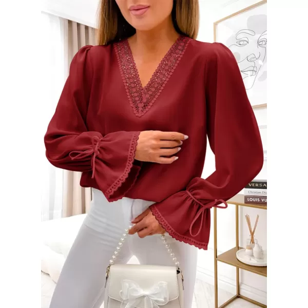 Dokotoo Womens Long Sleeve Tops Lace Trim V Neck Fashion Tunic Tops Flowy Casual Shirts Chiffon Blouses 2023 Fall Clothes