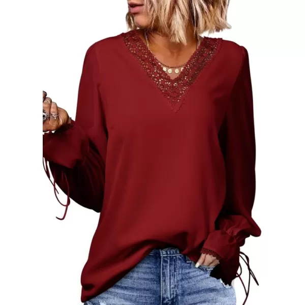 Dokotoo Womens Long Sleeve Tops Lace Trim V Neck Fashion Tunic Tops Flowy Casual Shirts Chiffon Blouses 2023 Fall Clothes