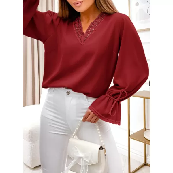 Dokotoo Womens Long Sleeve Tops Lace Trim V Neck Fashion Tunic Tops Flowy Casual Shirts Chiffon Blouses 2023 Fall Clothes