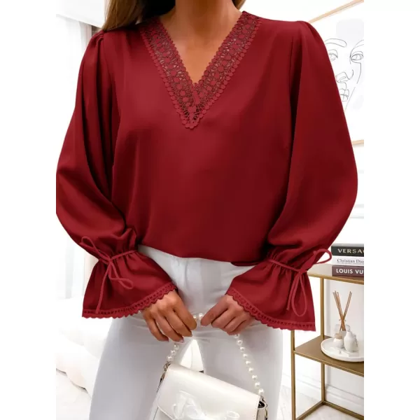 Dokotoo Womens Long Sleeve Tops Lace Trim V Neck Fashion Tunic Tops Flowy Casual Shirts Chiffon Blouses 2023 Fall Clothes