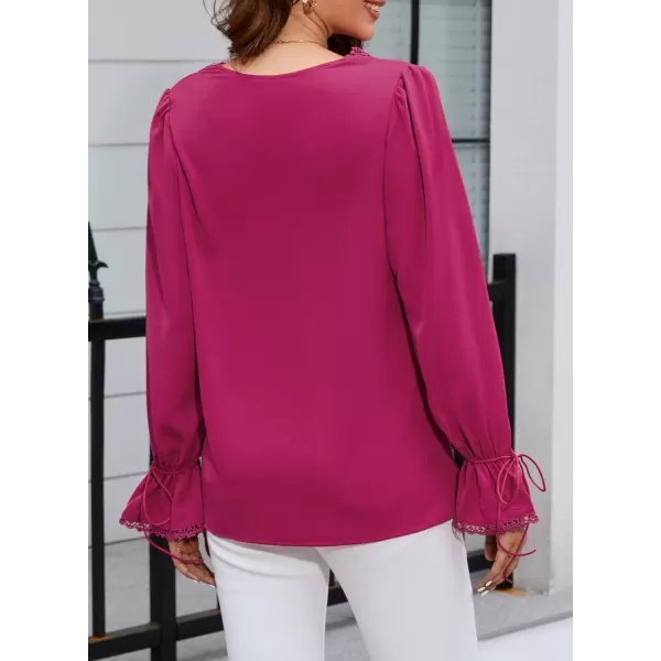 Dokotoo Womens Long Sleeve Tops Lace Trim V Neck Fashion Tunic Tops Flowy Casual Shirts Chiffon Blouses 2023 Fall Clothes