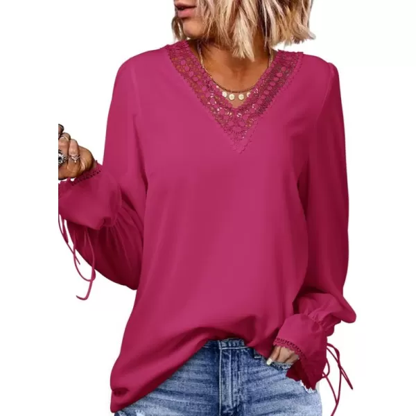 Dokotoo Womens Long Sleeve Tops Lace Trim V Neck Fashion Tunic Tops Flowy Casual Shirts Chiffon Blouses 2023 Fall Clothes