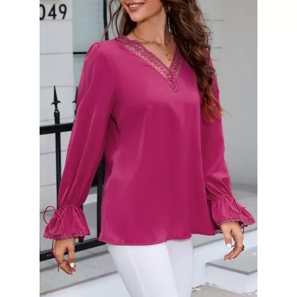 Dokotoo Womens Long Sleeve Tops Lace Trim V Neck Fashion Tunic Tops Flowy Casual Shirts Chiffon Blouses 2023 Fall Clothes
