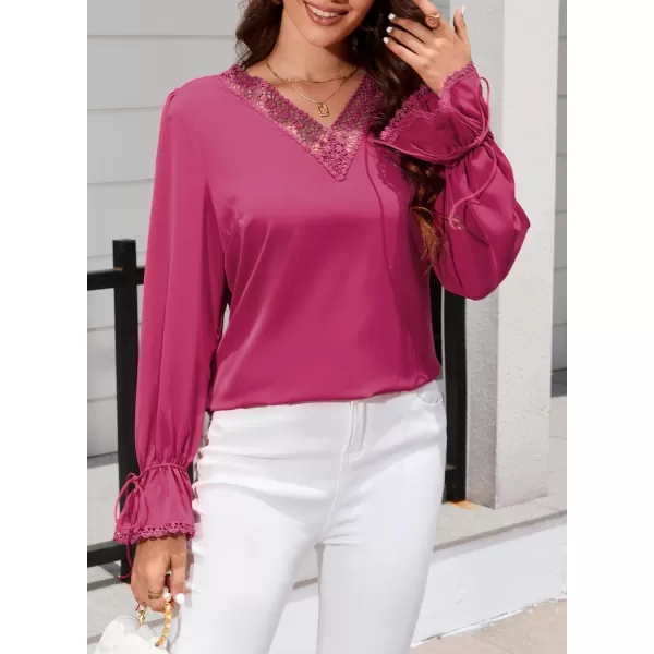 Dokotoo Womens Long Sleeve Tops Lace Trim V Neck Fashion Tunic Tops Flowy Casual Shirts Chiffon Blouses 2023 Fall Clothes