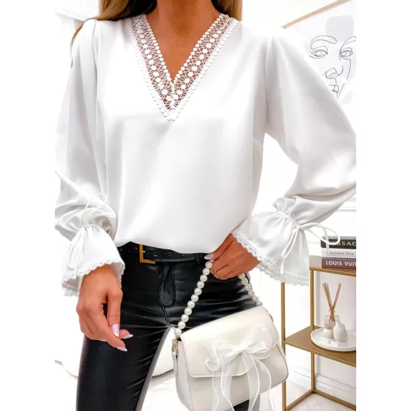 Dokotoo Womens Long Sleeve Tops Lace Trim V Neck Fashion Tunic Tops Flowy Casual Shirts Chiffon Blouses 2023 Fall Clothes