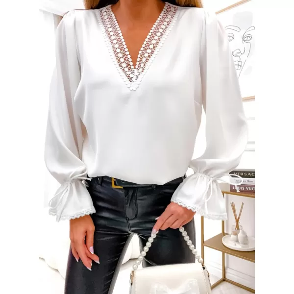 Dokotoo Womens Long Sleeve Tops Lace Trim V Neck Fashion Tunic Tops Flowy Casual Shirts Chiffon Blouses 2023 Fall Clothes