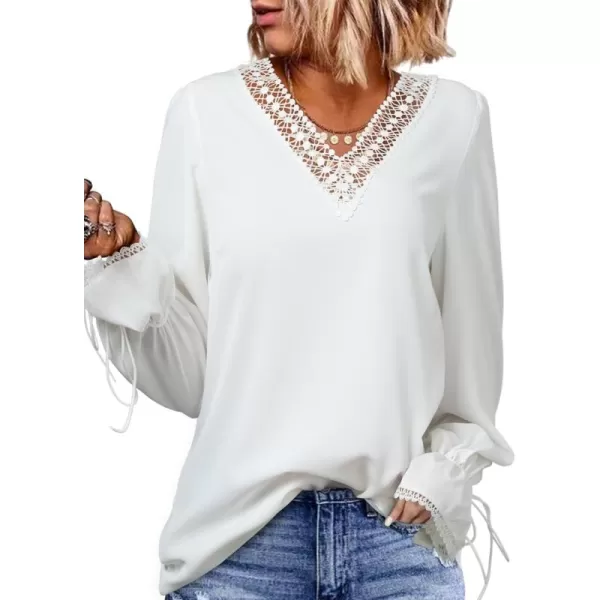 Dokotoo Womens Long Sleeve Tops Lace Trim V Neck Fashion Tunic Tops Flowy Casual Shirts Chiffon Blouses 2023 Fall Clothes