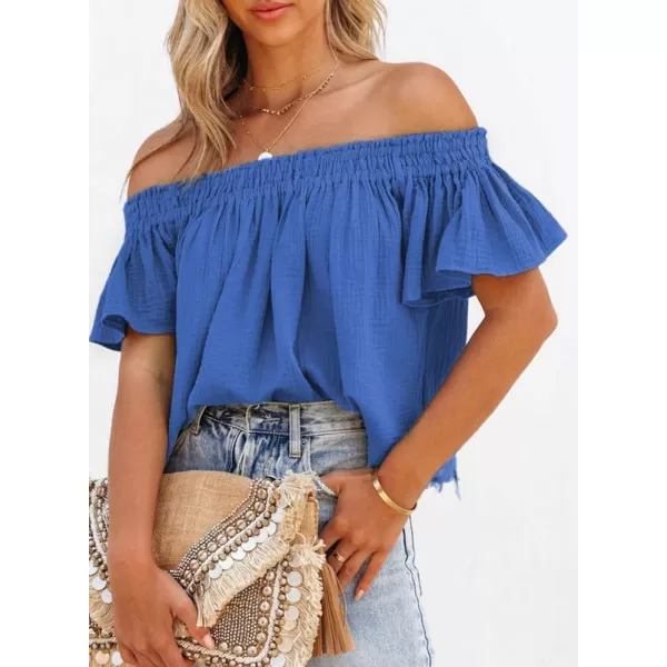 Dokotoo Women's Off The Shoulder Tops Shirred Neck Ruffle Sleeve Flowy Cotton Blouses Shirts