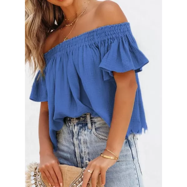 Dokotoo Women's Off The Shoulder Tops Shirred Neck Ruffle Sleeve Flowy Cotton Blouses Shirts