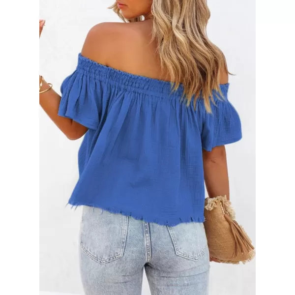 Dokotoo Women's Off The Shoulder Tops Shirred Neck Ruffle Sleeve Flowy Cotton Blouses Shirts