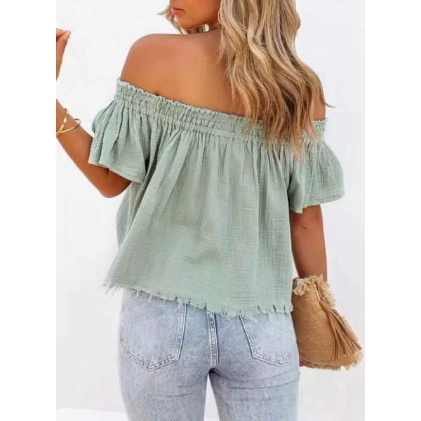Dokotoo Women's Off The Shoulder Tops Shirred Neck Ruffle Sleeve Flowy Cotton Blouses Shirts
