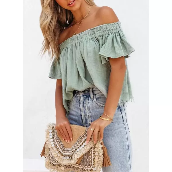 Dokotoo Women's Off The Shoulder Tops Shirred Neck Ruffle Sleeve Flowy Cotton Blouses Shirts