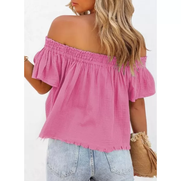 Dokotoo Women's Off The Shoulder Tops Shirred Neck Ruffle Sleeve Flowy Cotton Blouses Shirts