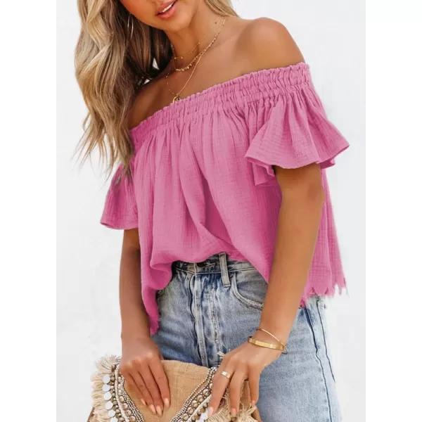 Dokotoo Women's Off The Shoulder Tops Shirred Neck Ruffle Sleeve Flowy Cotton Blouses Shirts