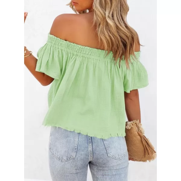 Dokotoo Women's Off The Shoulder Tops Shirred Neck Ruffle Sleeve Flowy Cotton Blouses Shirts