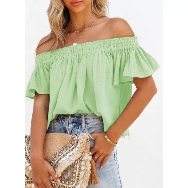 Dokotoo Women's Off The Shoulder Tops Shirred Neck Ruffle Sleeve Flowy Cotton Blouses Shirts