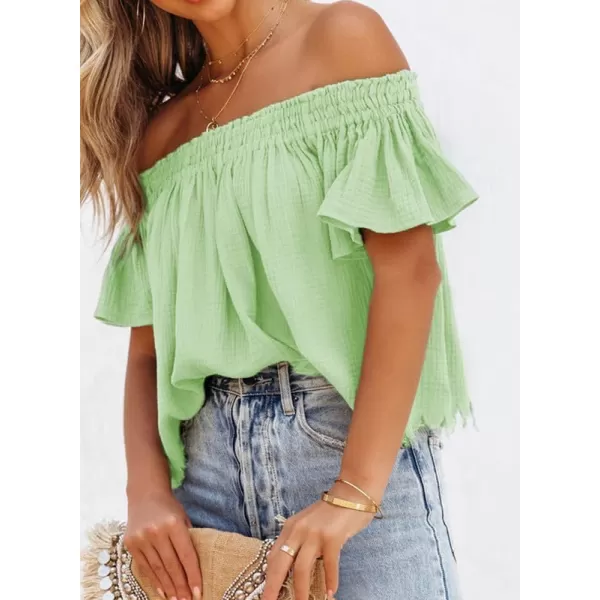 Dokotoo Women's Off The Shoulder Tops Shirred Neck Ruffle Sleeve Flowy Cotton Blouses Shirts
