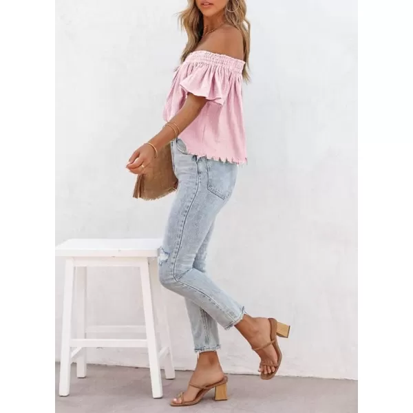 Dokotoo Women's Off The Shoulder Tops Shirred Neck Ruffle Sleeve Flowy Cotton Blouses Shirts