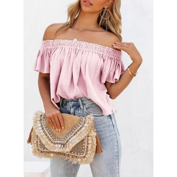 Dokotoo Women's Off The Shoulder Tops Shirred Neck Ruffle Sleeve Flowy Cotton Blouses Shirts