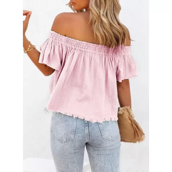 Dokotoo Women's Off The Shoulder Tops Shirred Neck Ruffle Sleeve Flowy Cotton Blouses Shirts