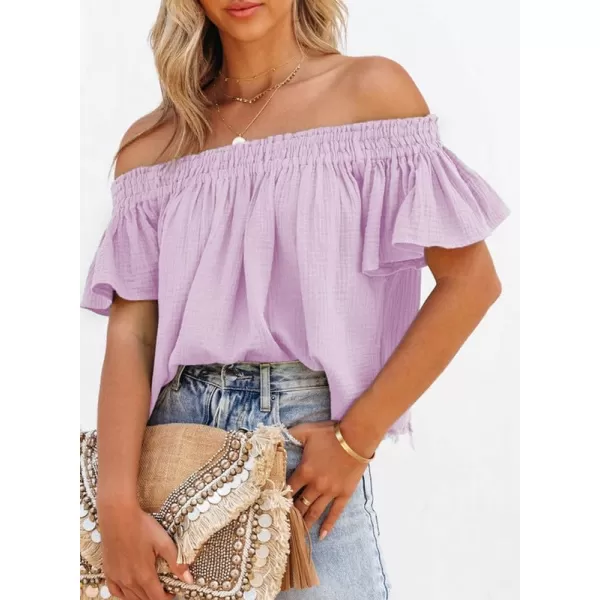 Dokotoo Women's Off The Shoulder Tops Shirred Neck Ruffle Sleeve Flowy Cotton Blouses Shirts