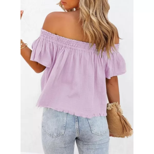 Dokotoo Women's Off The Shoulder Tops Shirred Neck Ruffle Sleeve Flowy Cotton Blouses Shirts