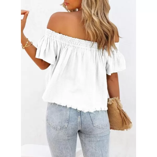 Dokotoo Women's Off The Shoulder Tops Shirred Neck Ruffle Sleeve Flowy Cotton Blouses Shirts
