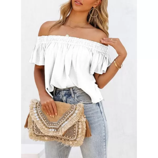 Dokotoo Women's Off The Shoulder Tops Shirred Neck Ruffle Sleeve Flowy Cotton Blouses Shirts