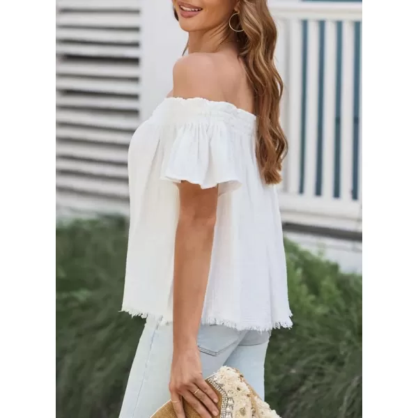 Dokotoo Women's Off The Shoulder Tops Shirred Neck Ruffle Sleeve Flowy Cotton Blouses Shirts