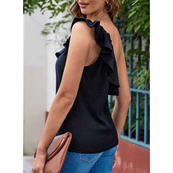 Dokotoo Womens One Shoulder Tops Ruffled Solid Tunic Shirts Sleeveless Loose Tank Top