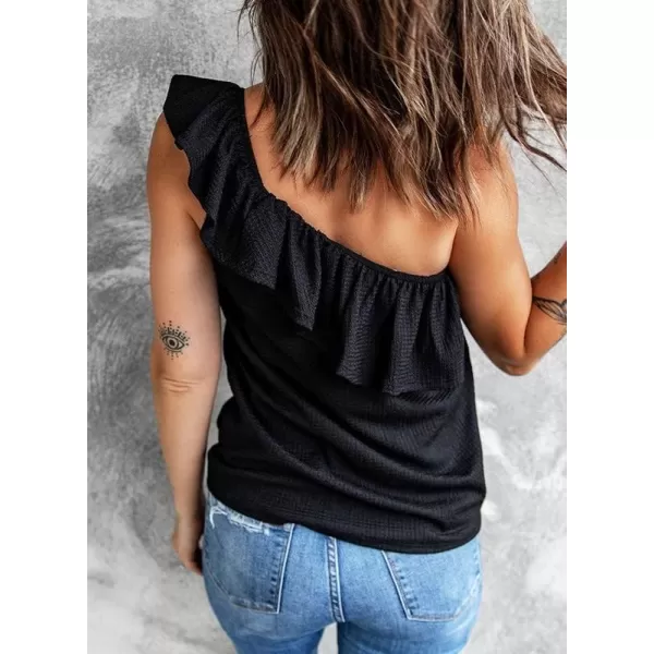 Dokotoo Womens One Shoulder Tops Ruffled Solid Tunic Shirts Sleeveless Loose Tank Top