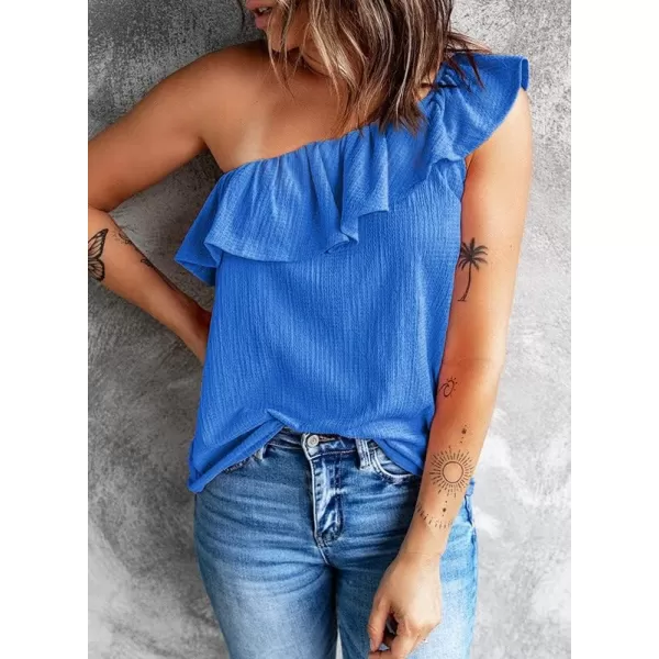 Dokotoo Womens One Shoulder Tops Ruffled Solid Tunic Shirts Sleeveless Loose Tank Top
