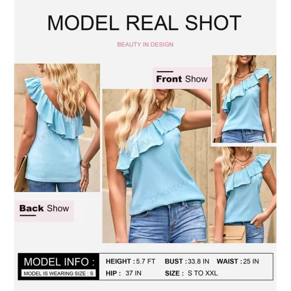 Dokotoo Womens One Shoulder Tops Ruffled Solid Tunic Shirts Sleeveless Loose Tank Top