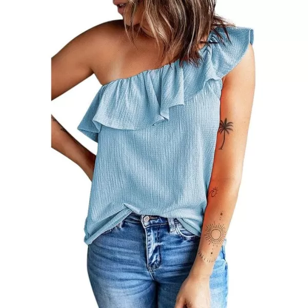 Dokotoo Womens One Shoulder Tops Ruffled Solid Tunic Shirts Sleeveless Loose Tank Top