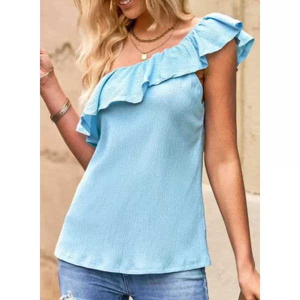 Dokotoo Womens One Shoulder Tops Ruffled Solid Tunic Shirts Sleeveless Loose Tank Top